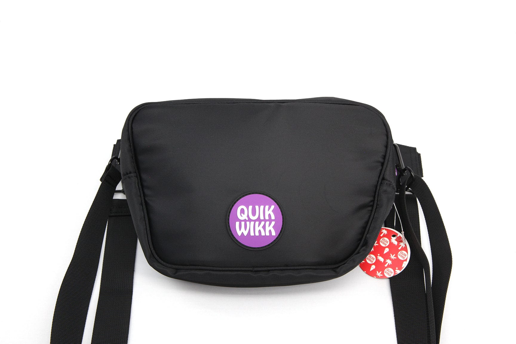 Front-facing shot of a black Quik Wikk Fanny Pack with a purple circular logo centered on the bag and straps fanned out.