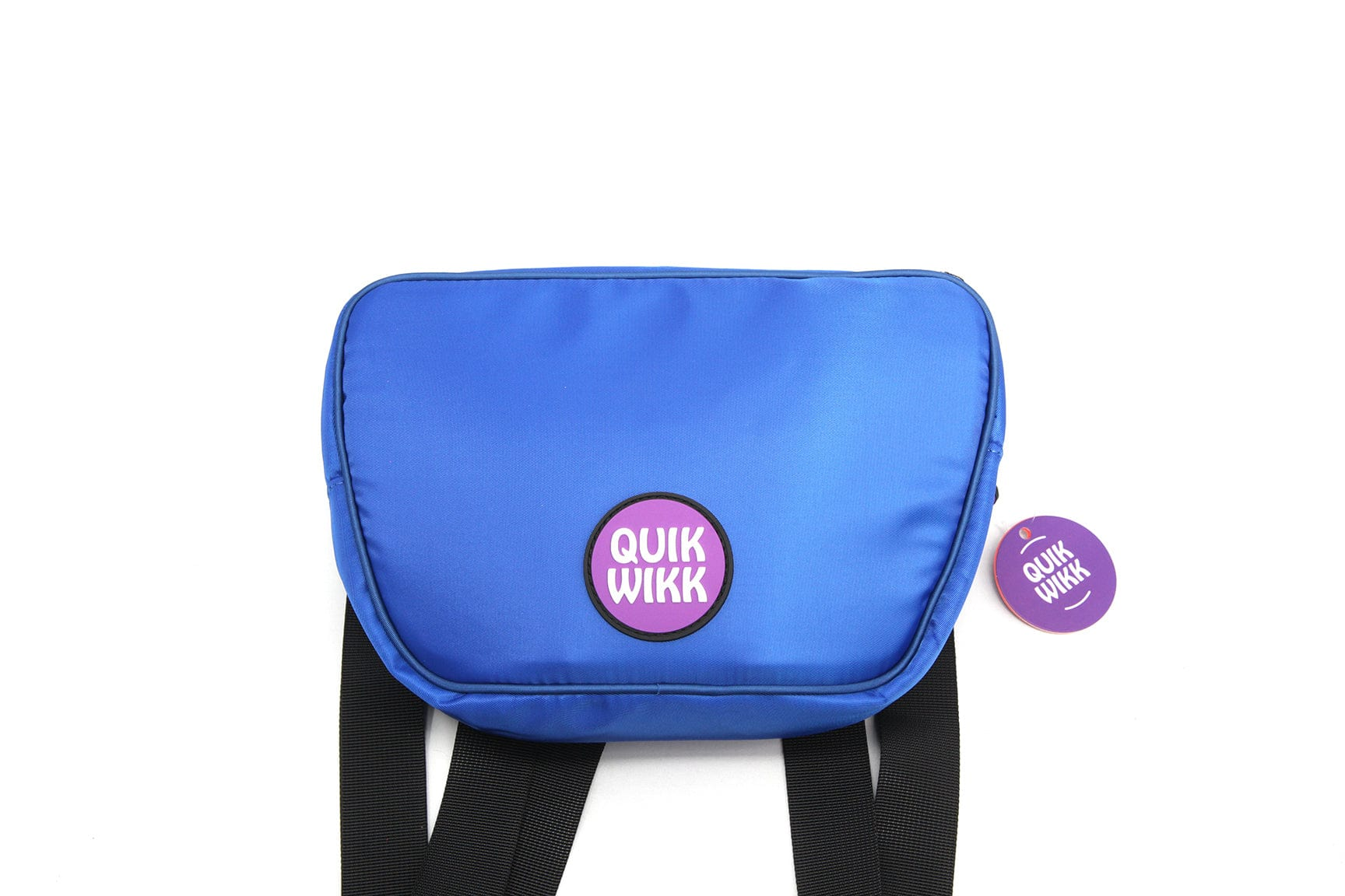 Top-down view of a bright blue Quik Wikk Fanny Pack showing the front flap with a round purple Quik Wikk logo and black straps below.