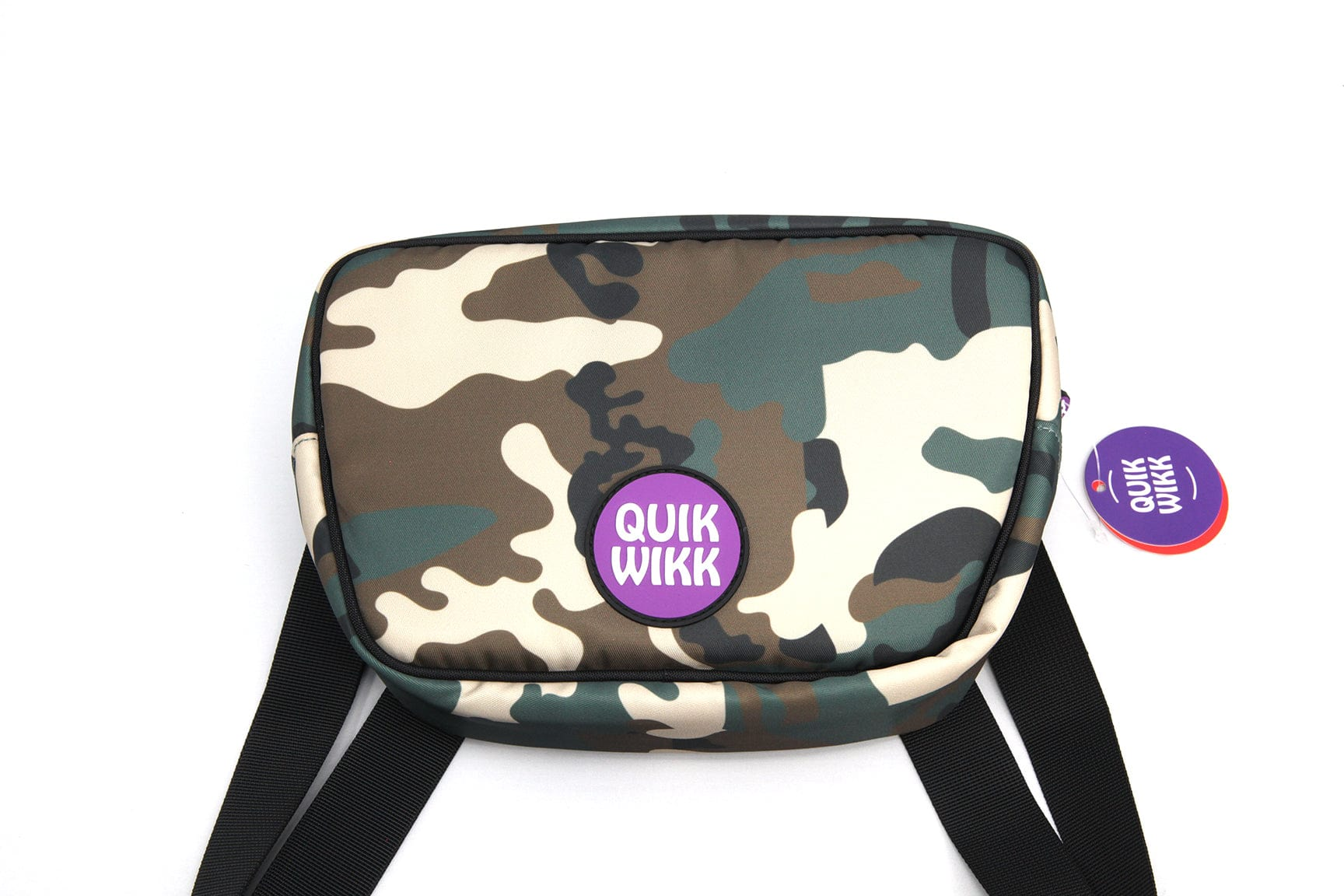 Top-down view of a green camouflage Quik Wikk Fanny Pack with a centered purple round logo and black straps on a white background.