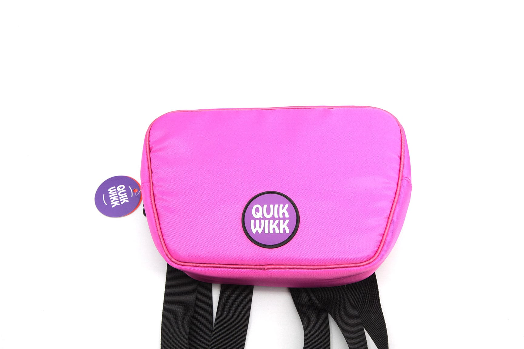 Top-down view of a neon pink Quik Wikk Fanny Pack centered on a white background, showing its round front logo and black straps.