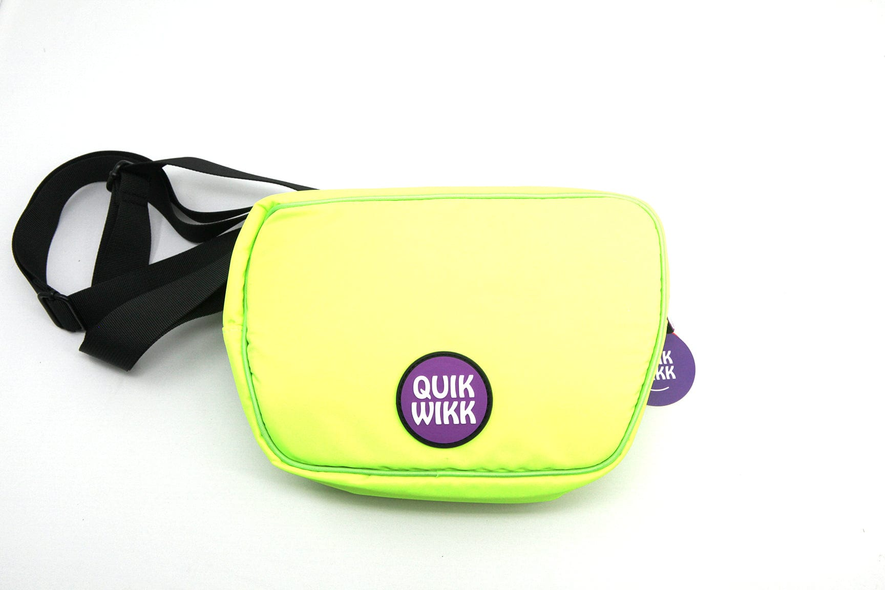 Top-down view of a neon green Quik Wikk Fanny Pack with a front purple logo patch and black adjustable strap coiled to the left.