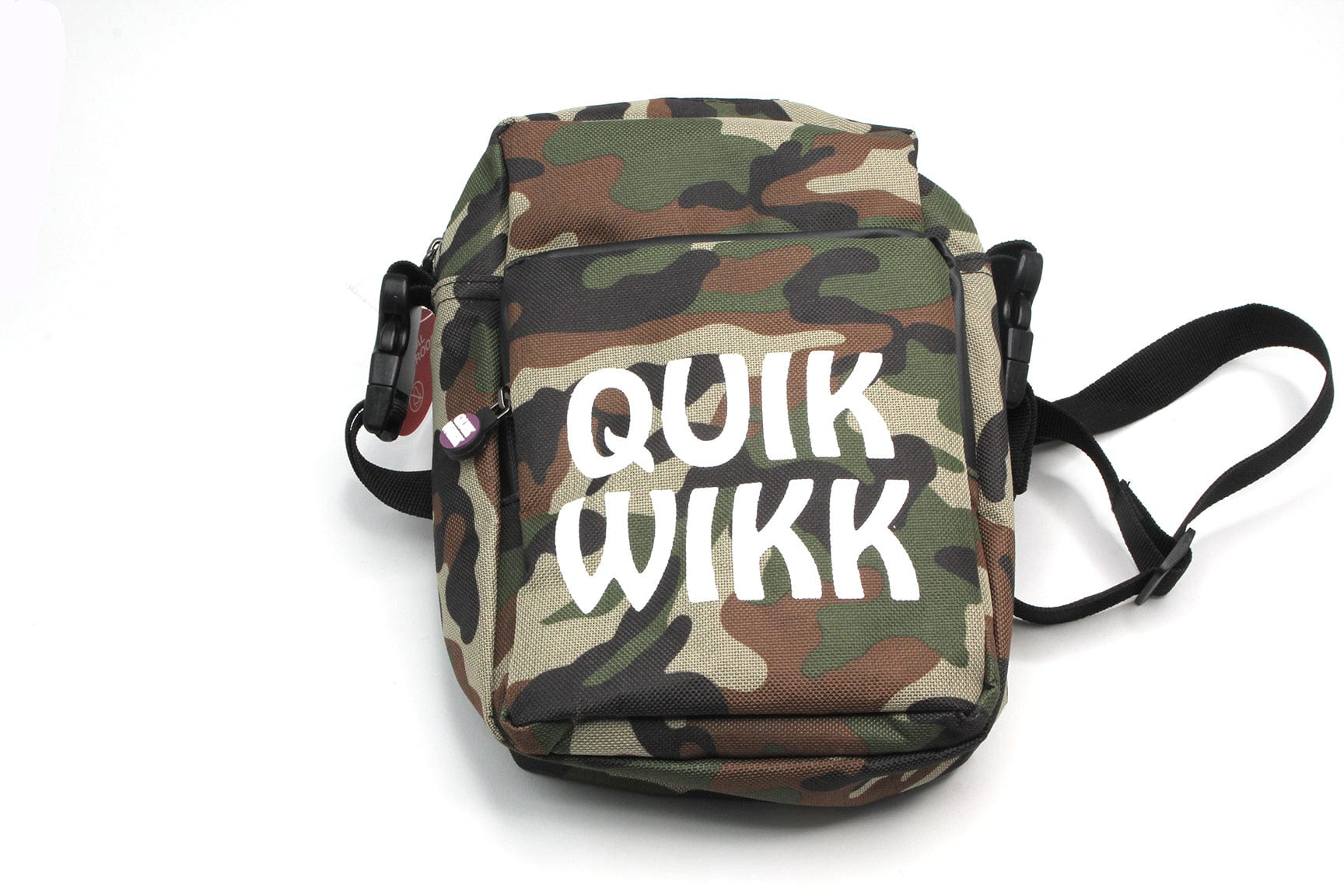Front-facing shot of a camo Quik Wikk Shoulder Cross Body Bag with white logo text and black adjustable strap on a white background