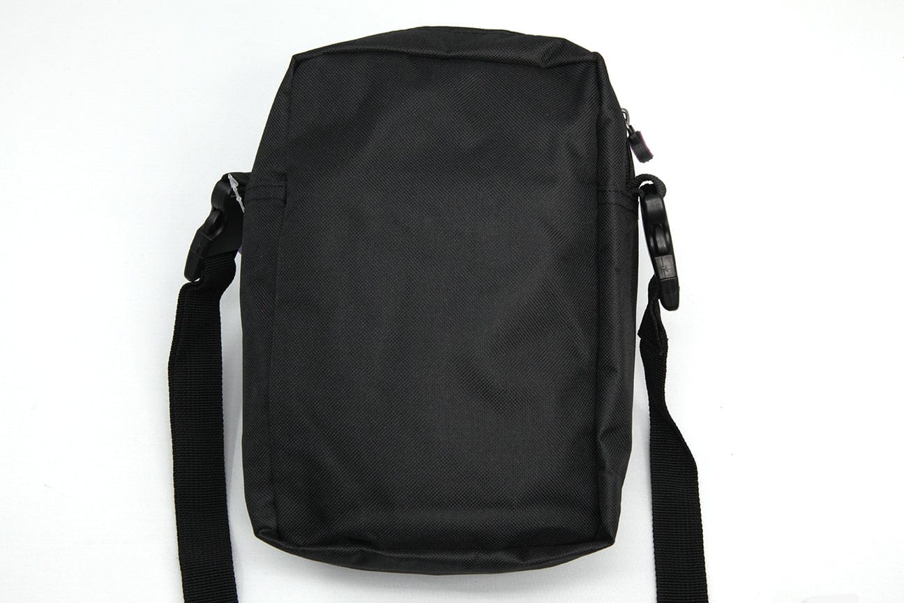 Top-down front view of the black Quik Wikk Shoulder Cross Body Bag showing its rectangular body, adjustable strap and plastic clip on a white background.
