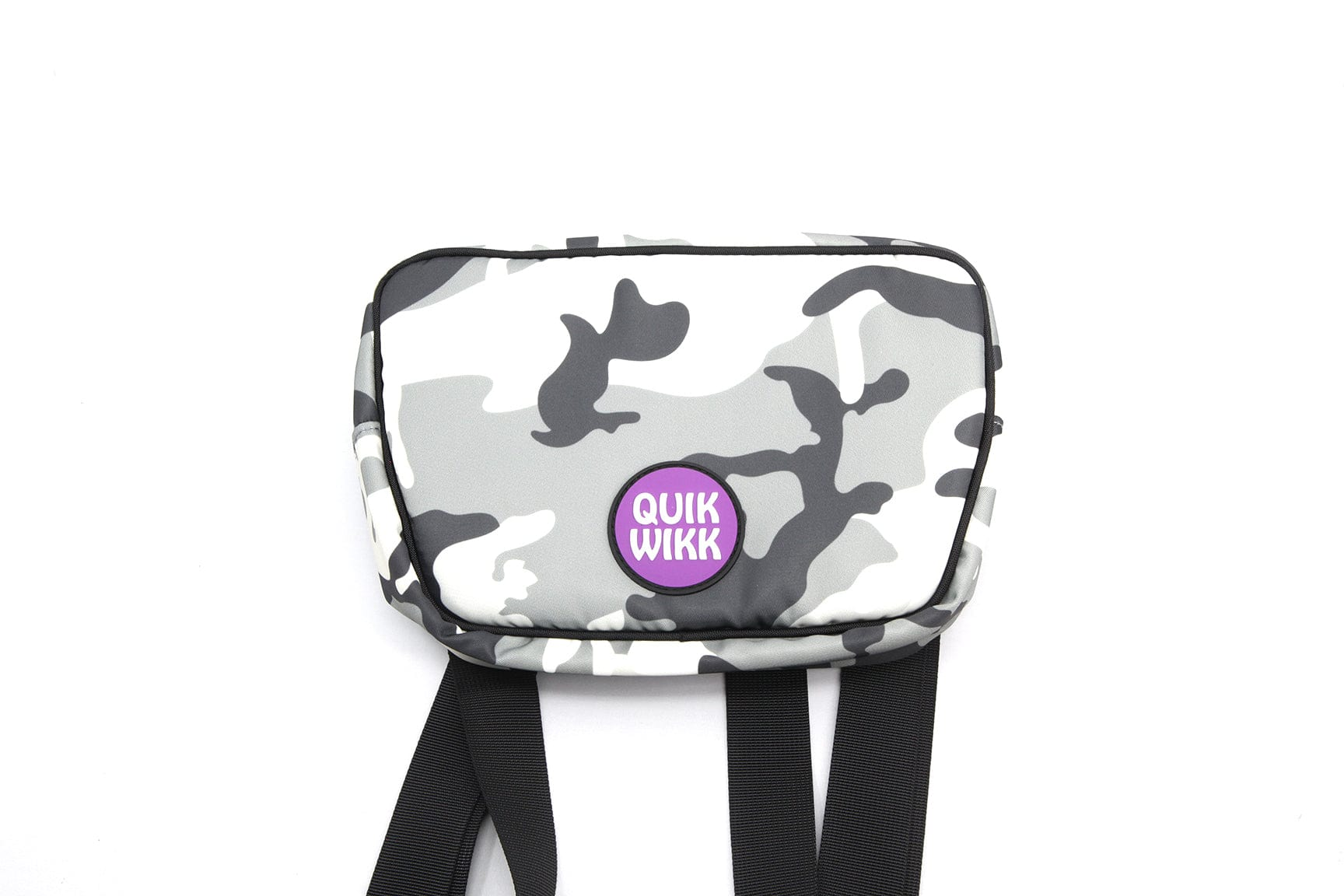Top-down view of a gray and white camouflage Quik Wikk Fanny Pack with a centered purple round logo and two black straps visible.