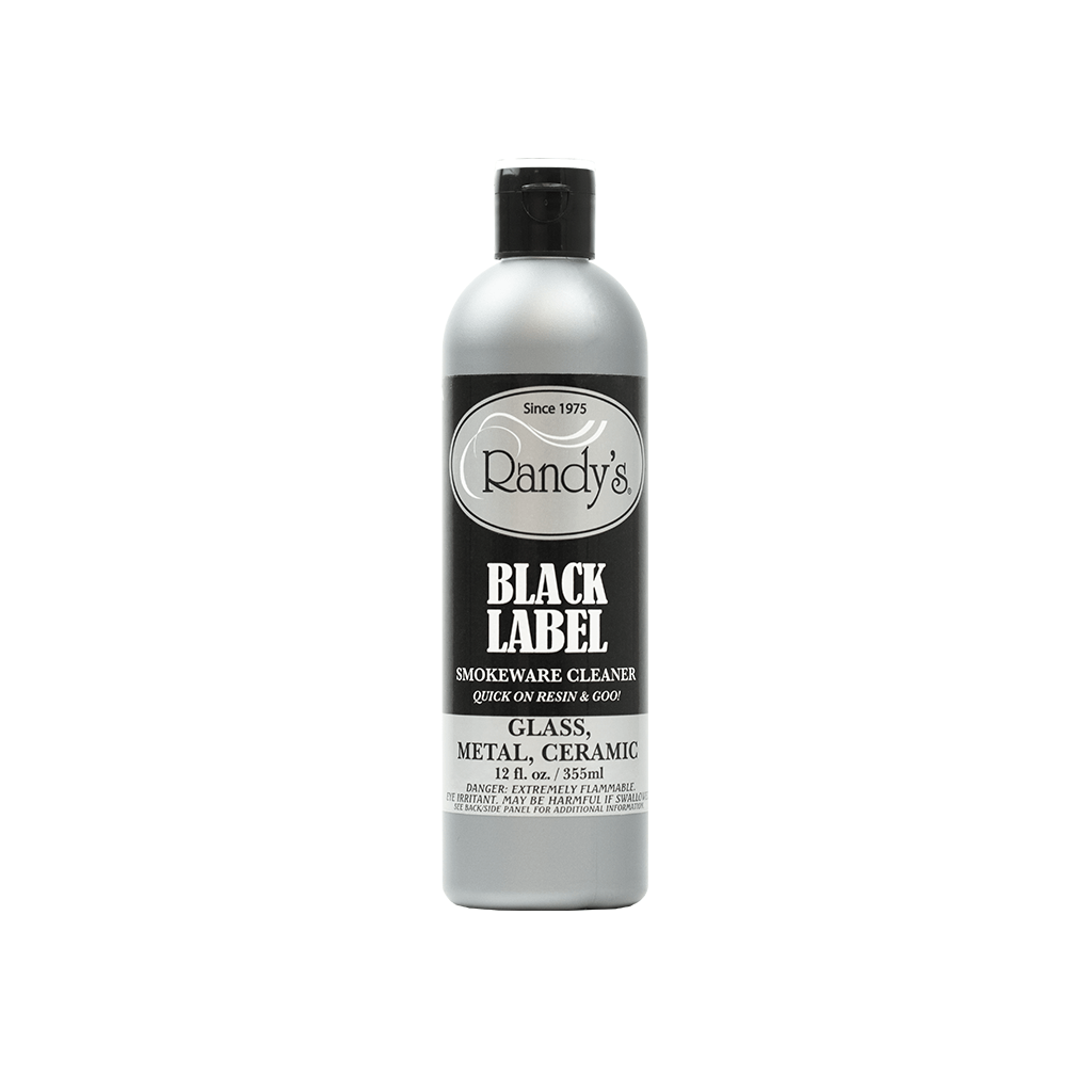Front view of the Black Label Cleaner bottle with text in white and red against a black label and white background.