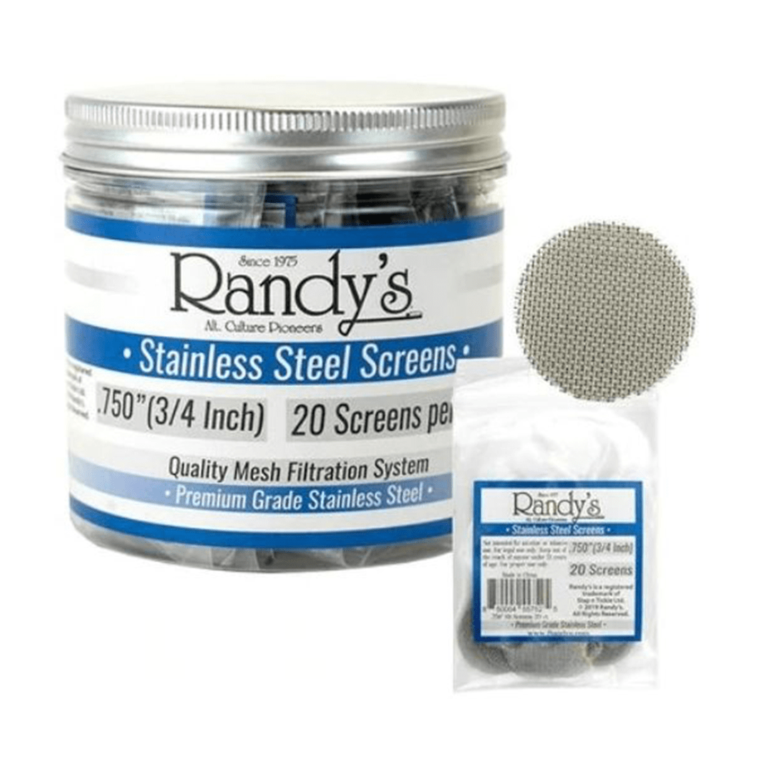 Front view of Randy's Screen Jars, showcasing a clear glass jar with a silver lid, displaying its contents.