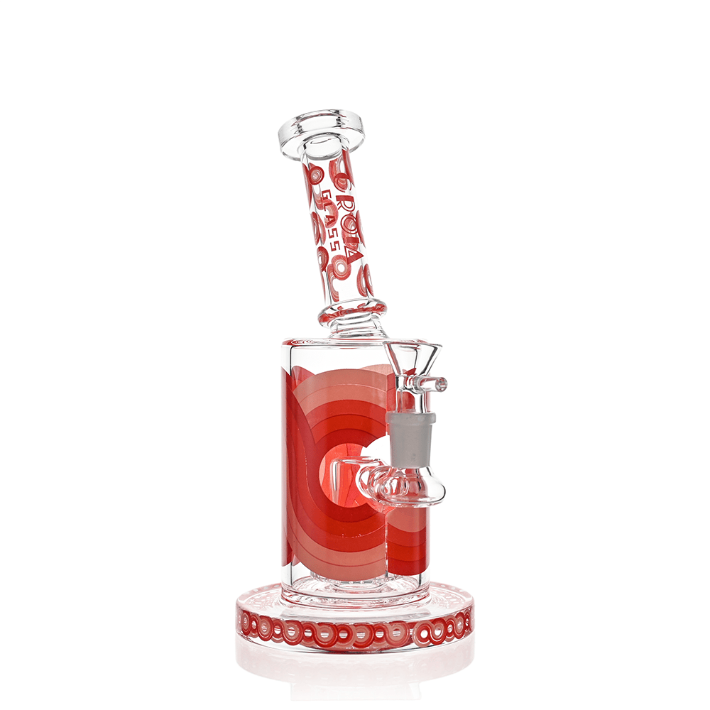 Front-facing studio shot of the Croia Glass Retro Scientific Bong with Matrix Perc showing red concentric rings on the chamber, patterned neck, and round decorated base.
