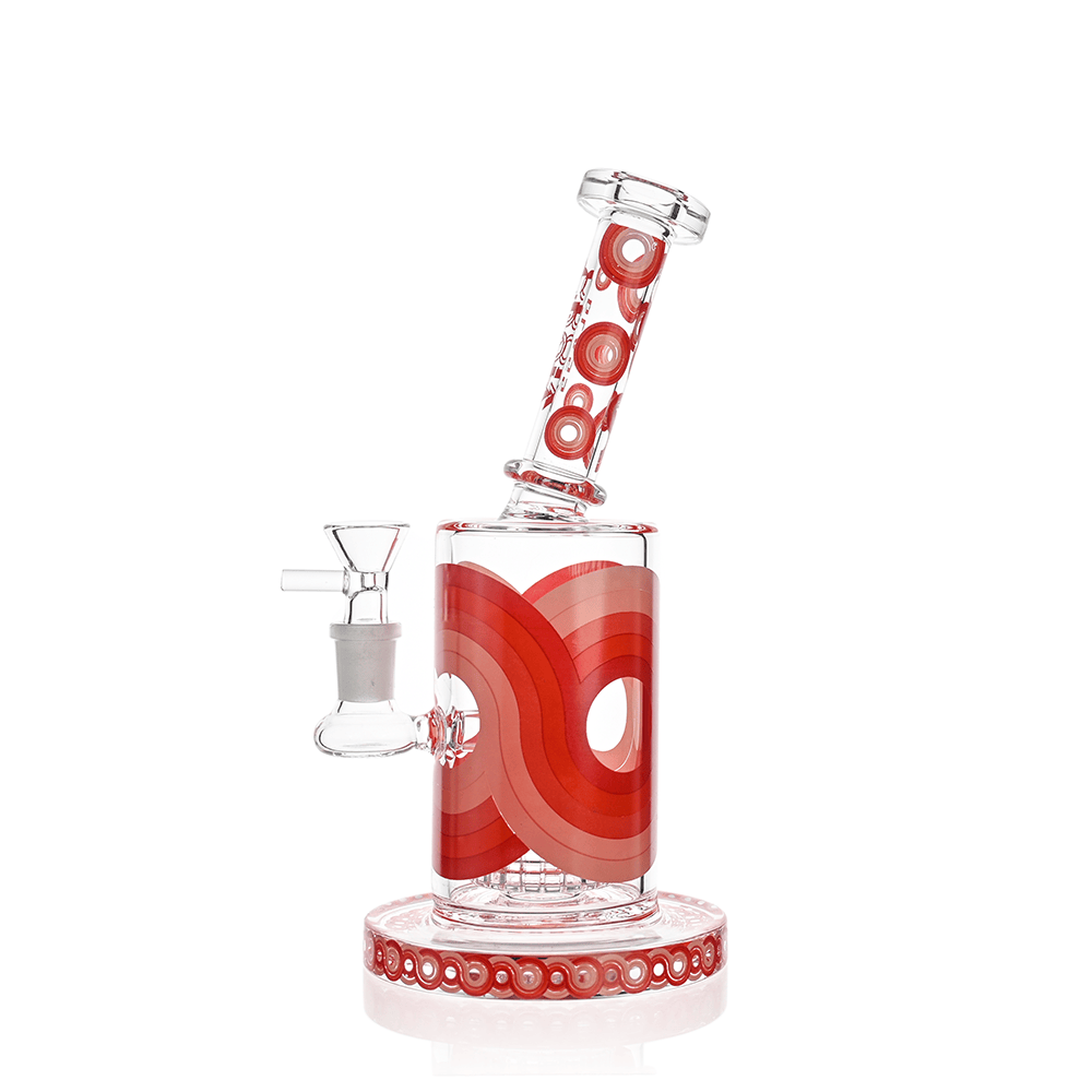 Angled studio shot of the Croia Glass Retro Scientific Bong with Matrix Perc | Croia Glass showing a clear glass body with red concentric wave patterns, circular percs in the tilted neck, and a decorative red-ringed base on a white background