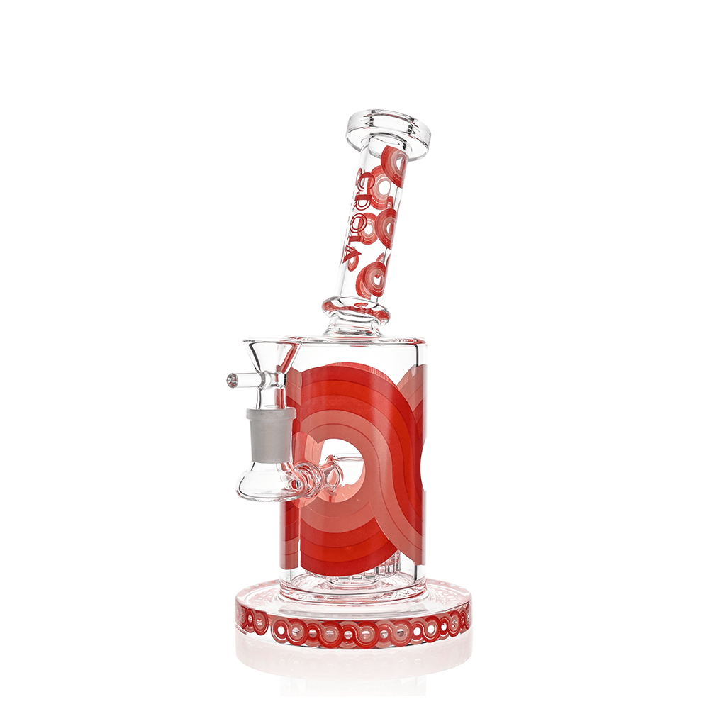 Studio-lit front view of the Croia Glass Retro Scientific Bong with Matrix Perc | Croia Glass showing clear glass with concentric red rings and an angled mouthpiece.