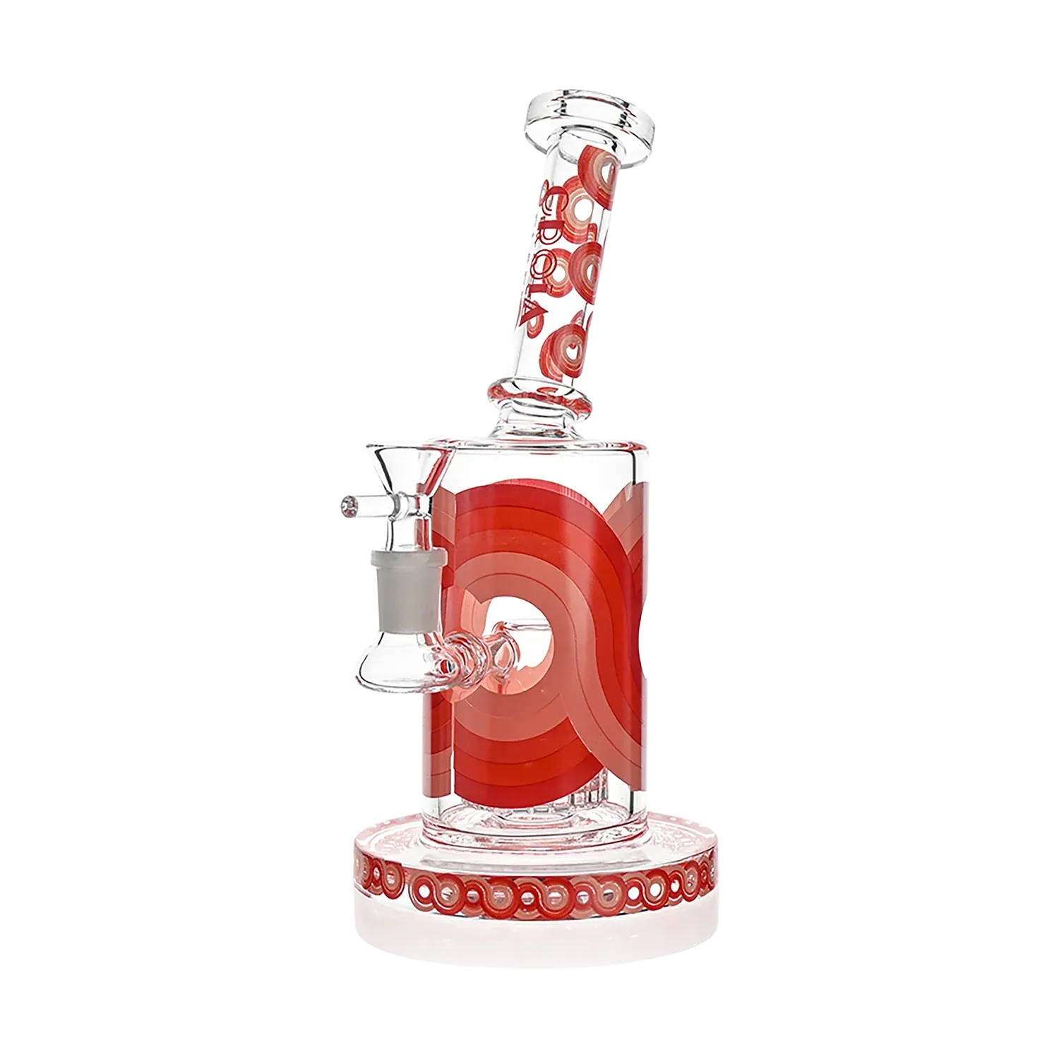 Close-up front view of the Croia Glass Retro Scientific Bong with Matrix Perc | Croia Glass showing a clear glass cylinder with red concentric circle decoration, angled mouthpiece, and patterned round base.