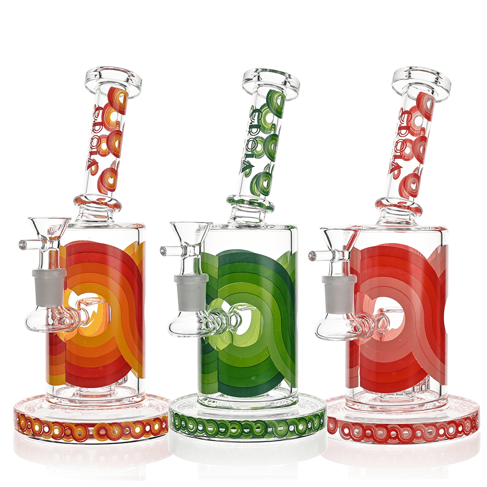 Front view of three colorful Croia Glass Retro Scientific Bong with Matrix Perc | Croia Glass models, centered on a white background highlighting the green middle piece's concentric rings and matching patterned base.