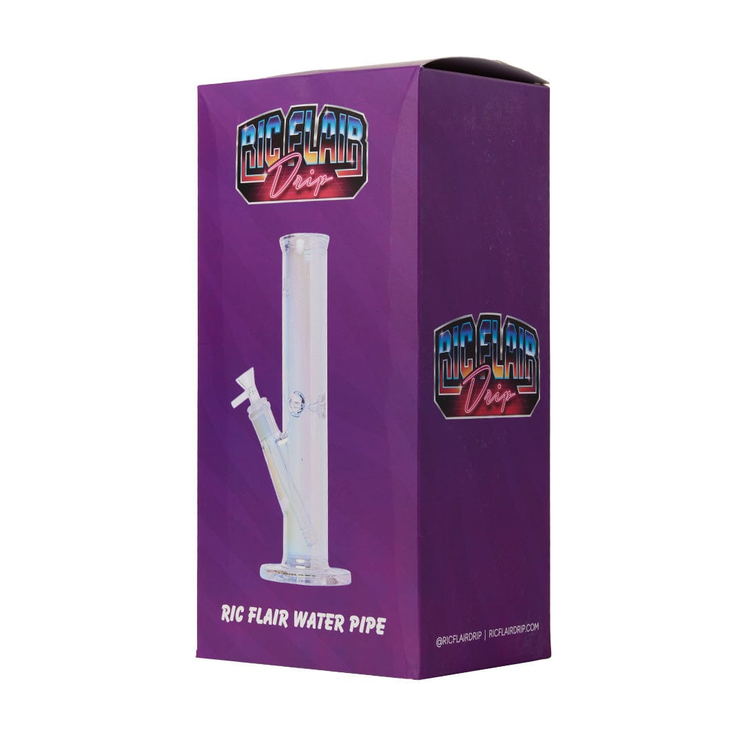 Front view of the Ric Flair Drip Water Pipe, showcasing its clear glass construction and branded logo.