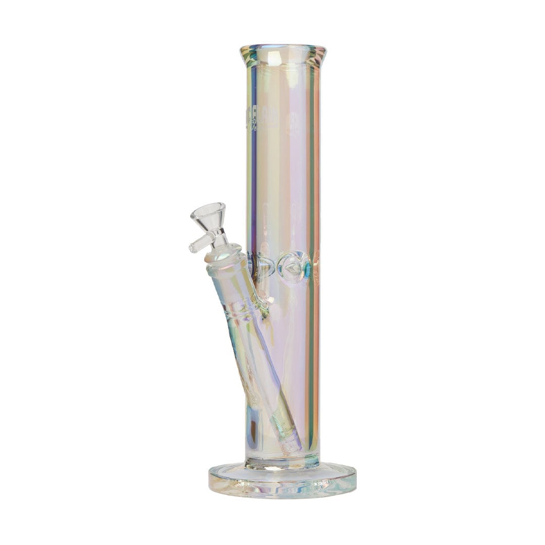A front view of the Ric Flair Drip Water Pipe, a tall, clear glass pipe with subtle iridescent coloring.