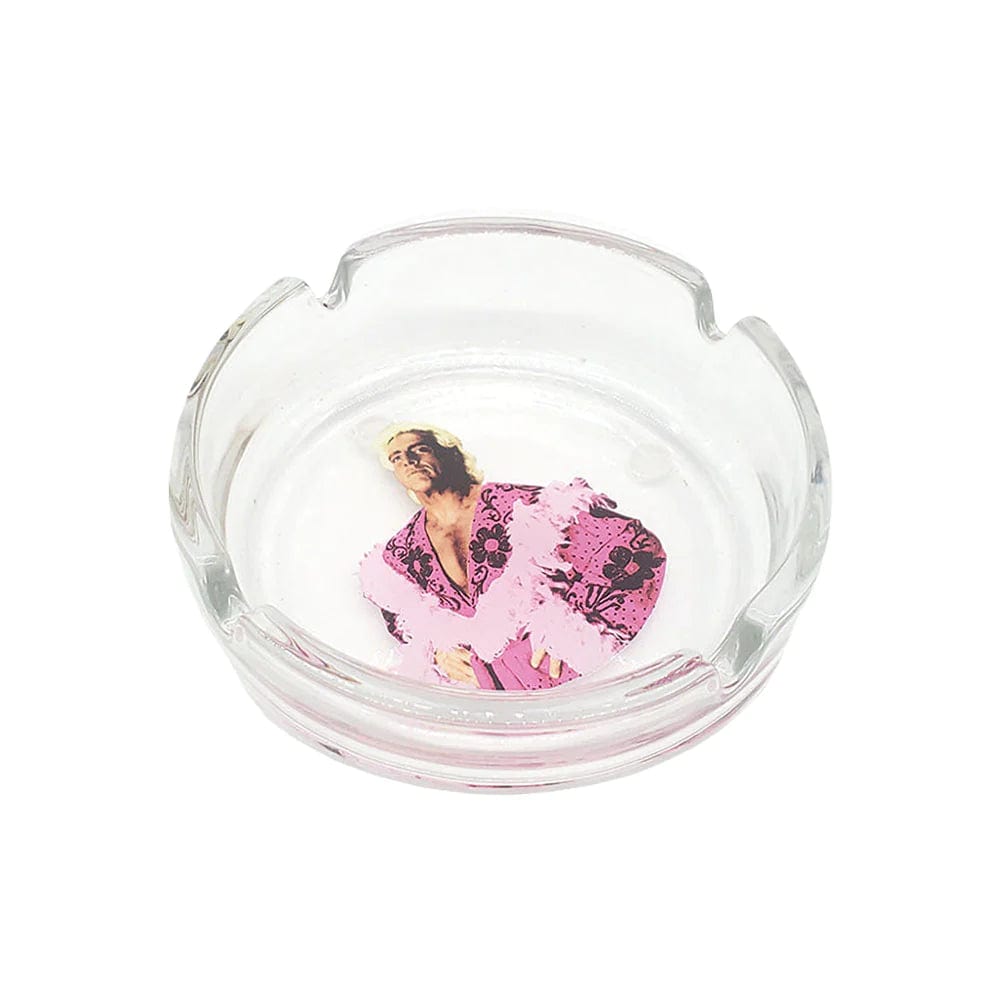 Overhead view of the Ric Flair Drip Glass Ashtrays, showcasing the circular glass dish with a patterned design resembling the wrestler.