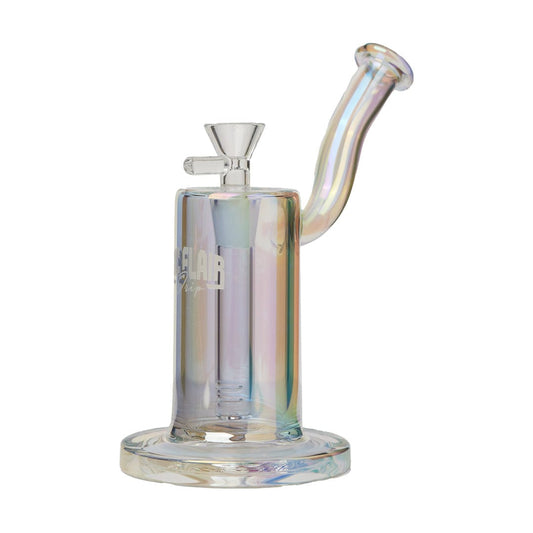 A studio shot of the Ric Flair Drip Dab Rig, showcasing the iridescent glass and unique curved design against a plain white background.