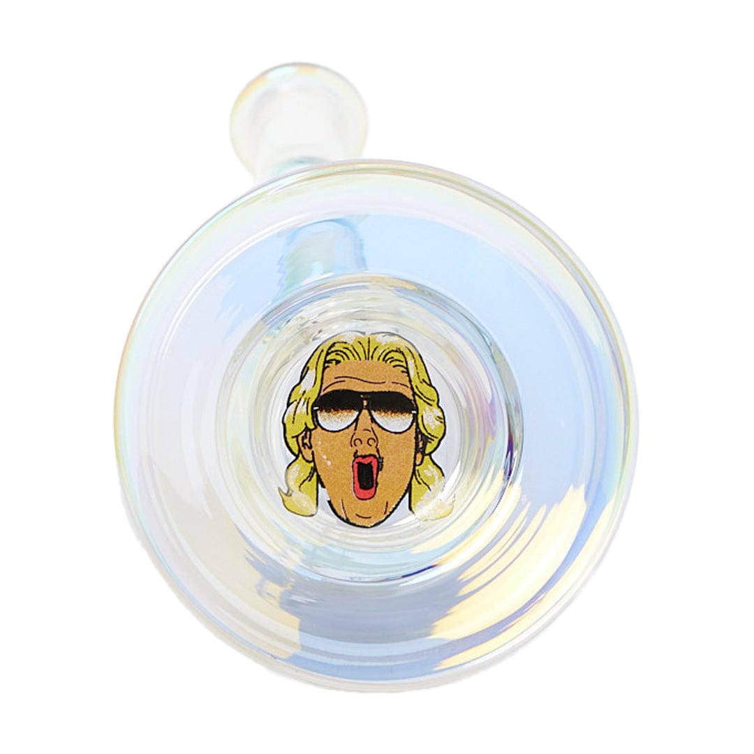 A close-up, angled view of the Ric Flair Drip Dab Rig, showcasing its clear glass construction and unique shape.