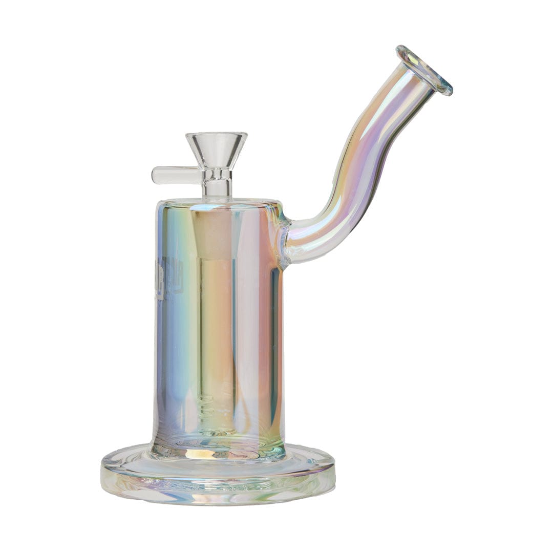 A close-up, angled view of the Ric Flair Drip Dab Rig, showcasing its iridescent glass and compact design against a plain white background.