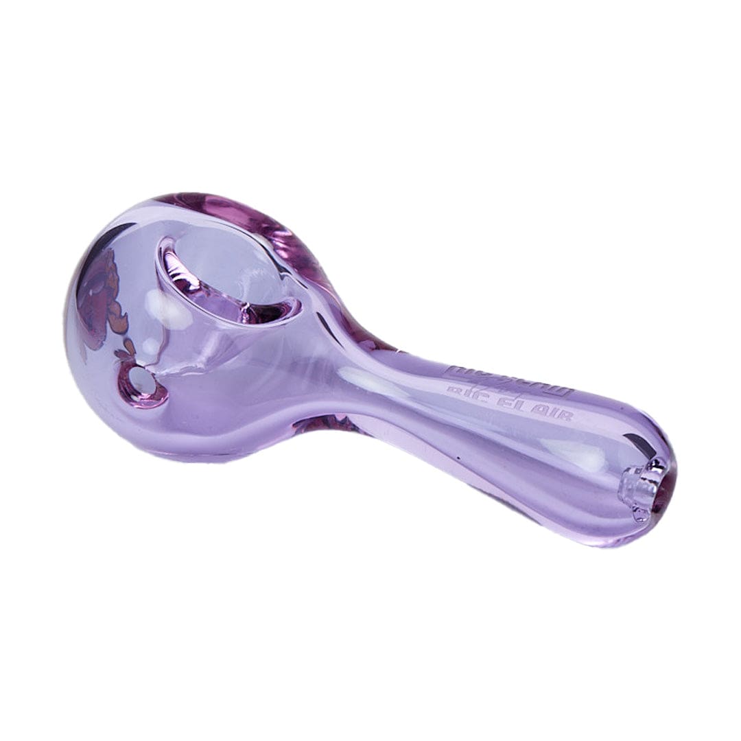 A close-up, angled view of the Ric Flair Drip Spoon Pipe in clear glass, showcasing its curved design and smooth finish.
