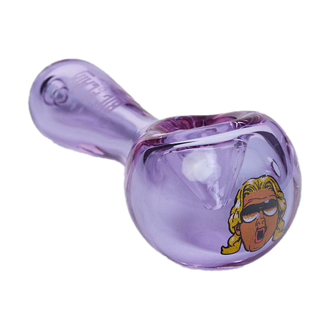 A three-quarter view of the Ric Flair Drip Spoon Pipe in purple glass, highlighting its smooth, curved design.
