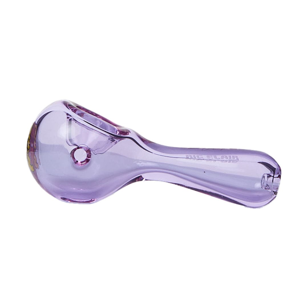 A side view of the Ric Flair Drip Spoon Pipe, showcasing its smooth, curved glass design against a plain white background.