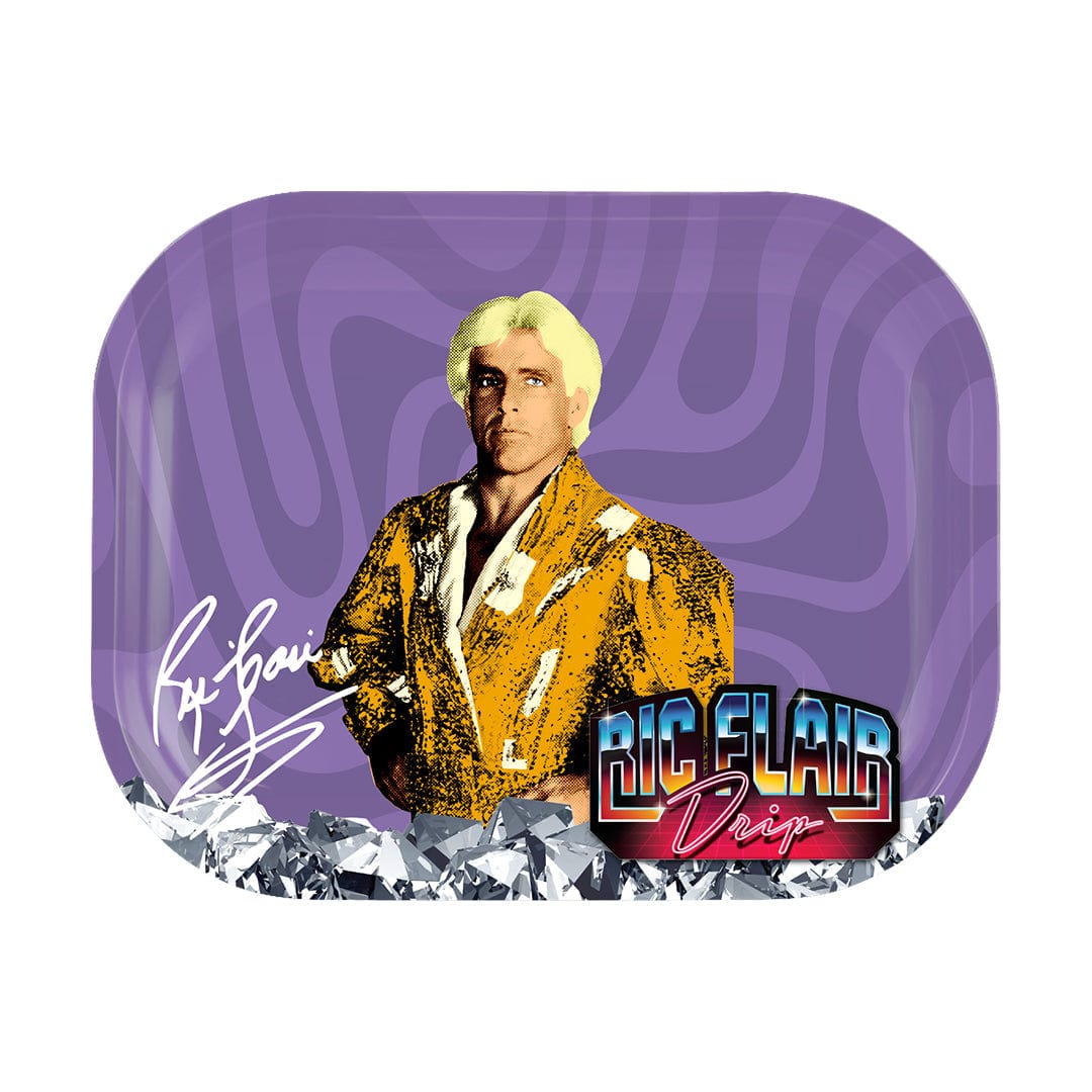 A close-up shot of the Ric Flair Drip Rolling Tray featuring a vibrant portrait of the wrestling legend.