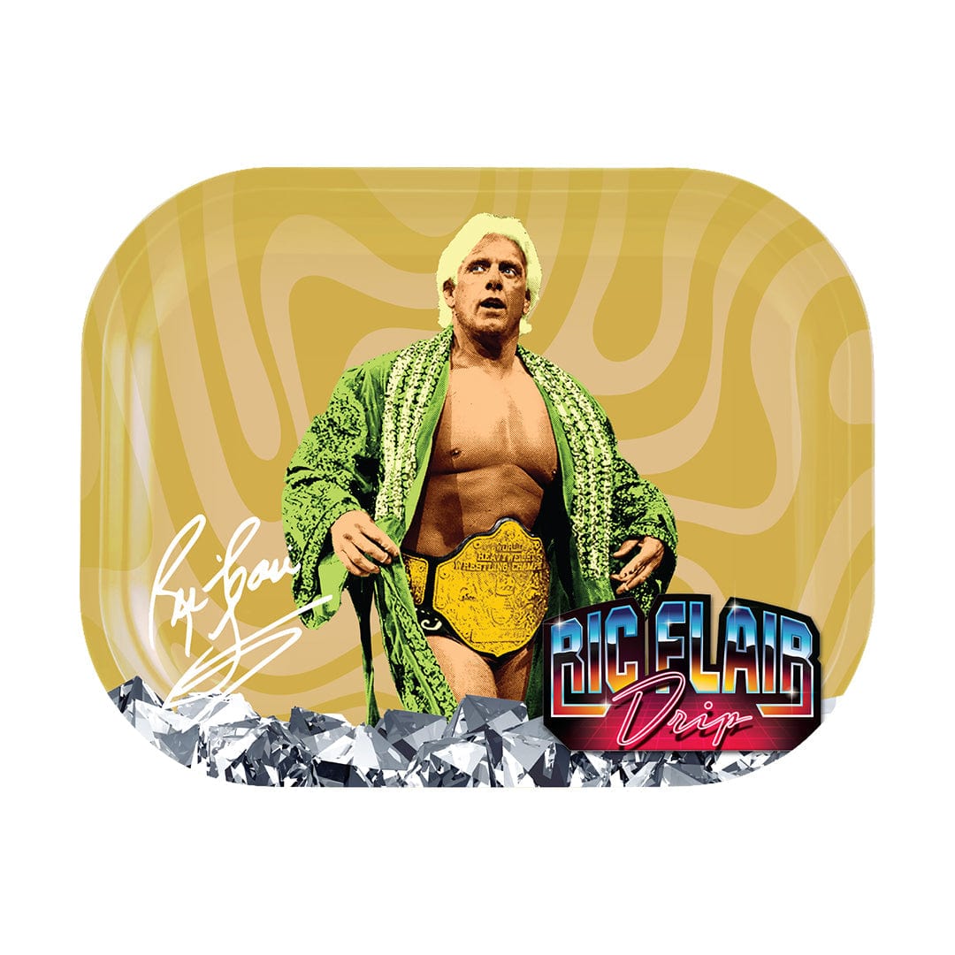 A vibrant, full-body shot features the Ric Flair Drip Rolling Trays design, showcasing a confident pose with golden accents.
