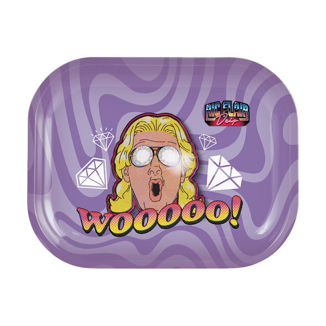 A top-down view of the Ric Flair Drip Rolling Trays featuring a purple and white swirling background.