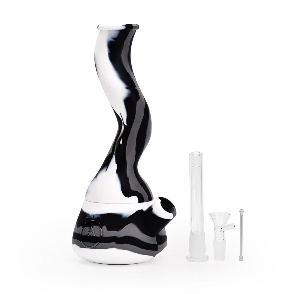 Front view of the 10'' Wavy Silicone Beaker - Black & White, showing a patterned glass piece with a wide base and slender neck.