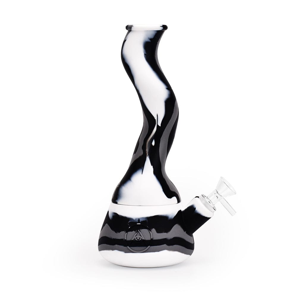A front view of the 10'' Wavy Silicone Beaker - Black & White, showcasing its wavy design and contrasting color scheme.