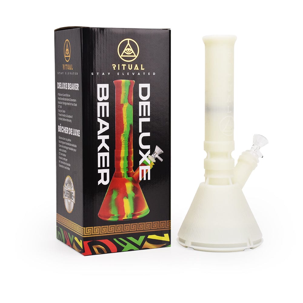 Front view of the 12'' Deluxe Silicone Modular Beaker - Titanium White UV, showcasing its sleek, conical shape and UV reactive accents.