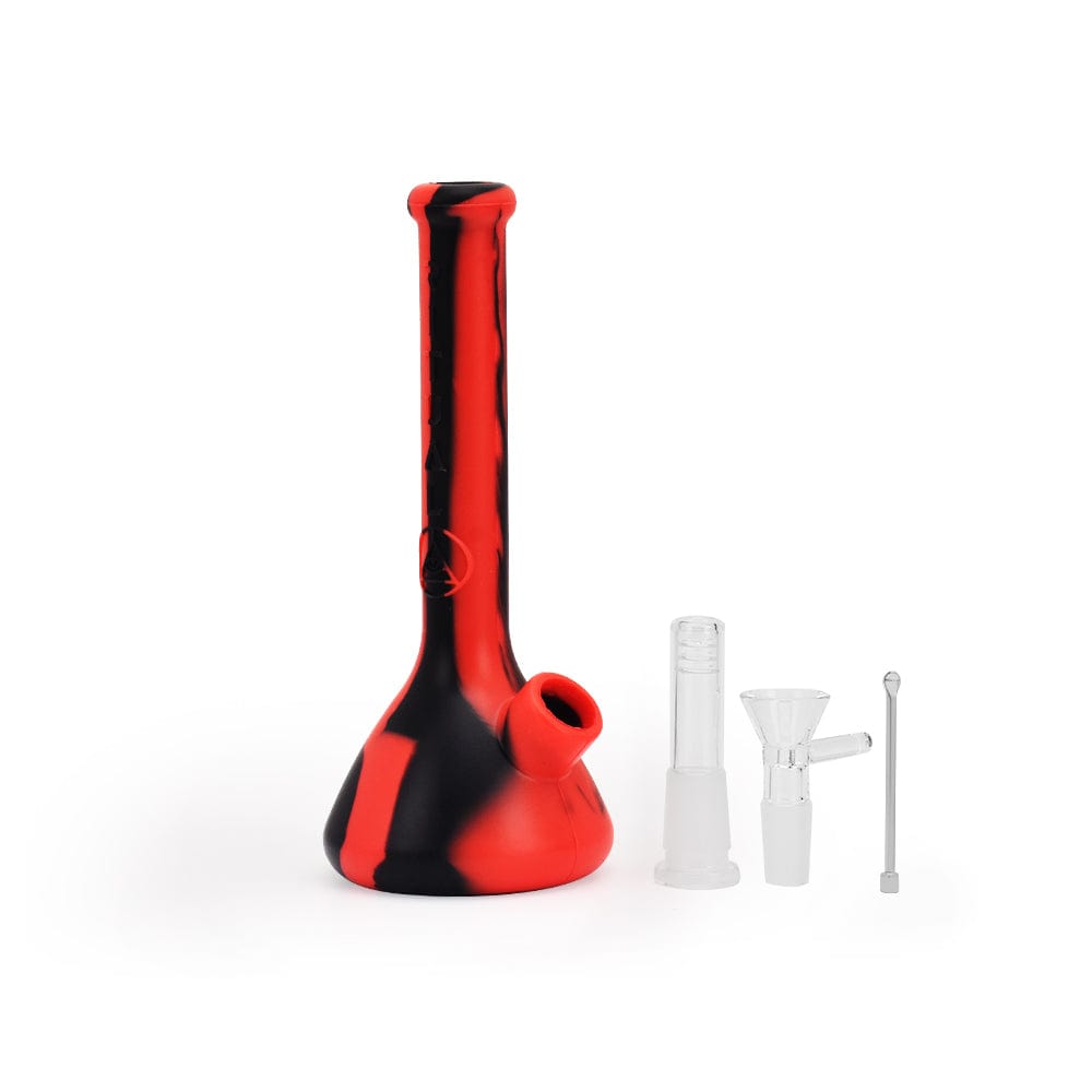 Front view of the 7.5'' Deluxe Silicone Mini Beaker in red and black, highlighting its compact size and beaker shape.