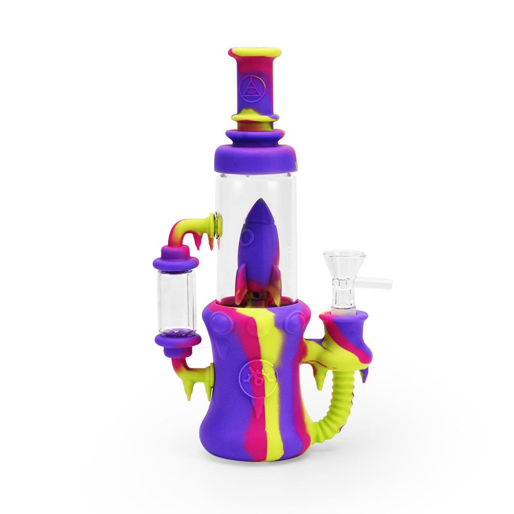 Front view of the 8.5'' Silicone Rocket Recycler, showcasing its colorful, uniquely-shaped design and glass joint.