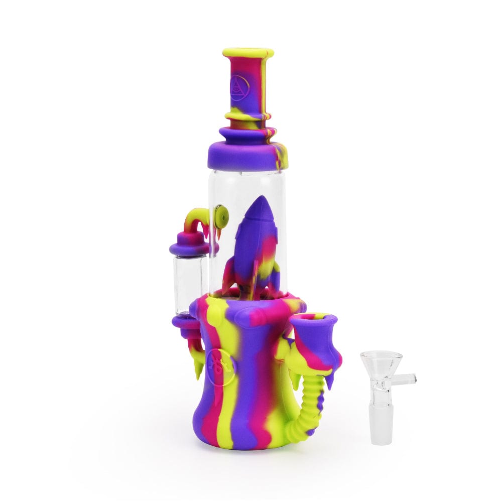 A front view of the 8.5'' Silicone Rocket Recycler, showcasing its colorful, rocket-shaped design and clear glass accents.