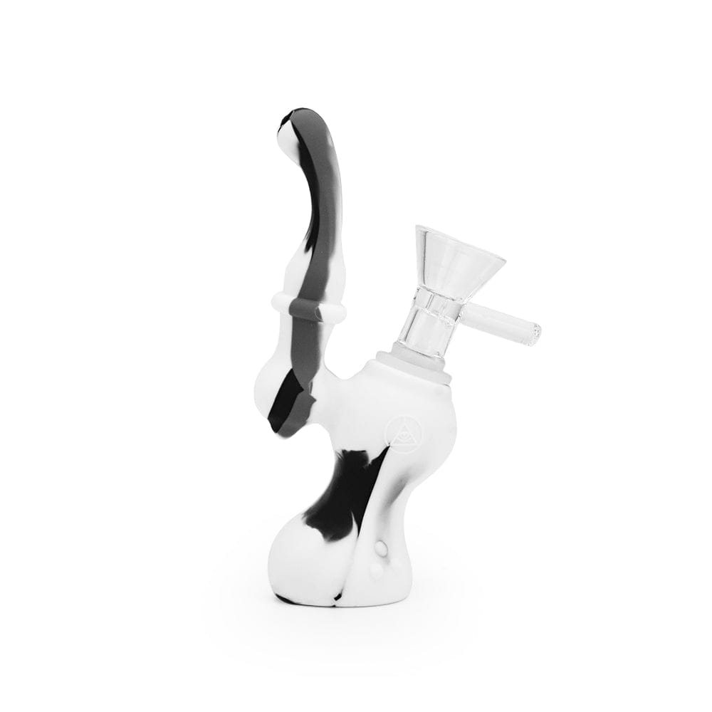 A front view of the 5'' Silicone Upright Bubbler - Black & White Marble, showing its upright form and marbled color scheme.