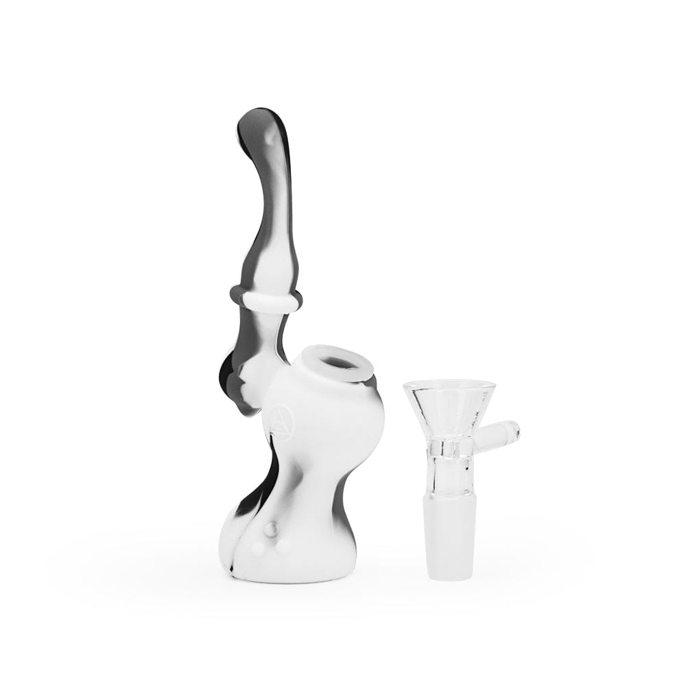 Front view of the 5'' Silicone Upright Bubbler - Black & White Marble, showcasing its patterned design against a plain white background.