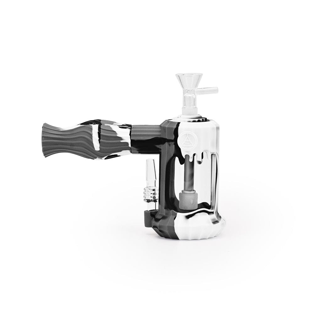 A three-quarter view of the 6'' Duality Silicone Dual Use Bubbler in black and white marble, showcasing its curved design and glossy finish.