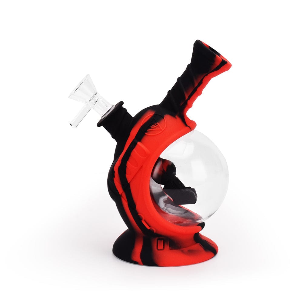 A studio shot of the 7.5'' Silicone Astro Bubbler in black and red, angled to showcase its rounded shape and glossy finish.