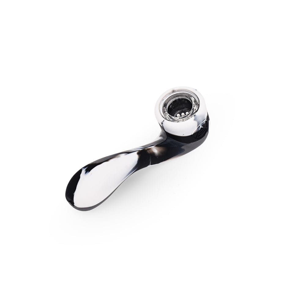 A close-up of the 4.5'' Silicone Sherlock in black and white marble, angled to showcase its curved design.