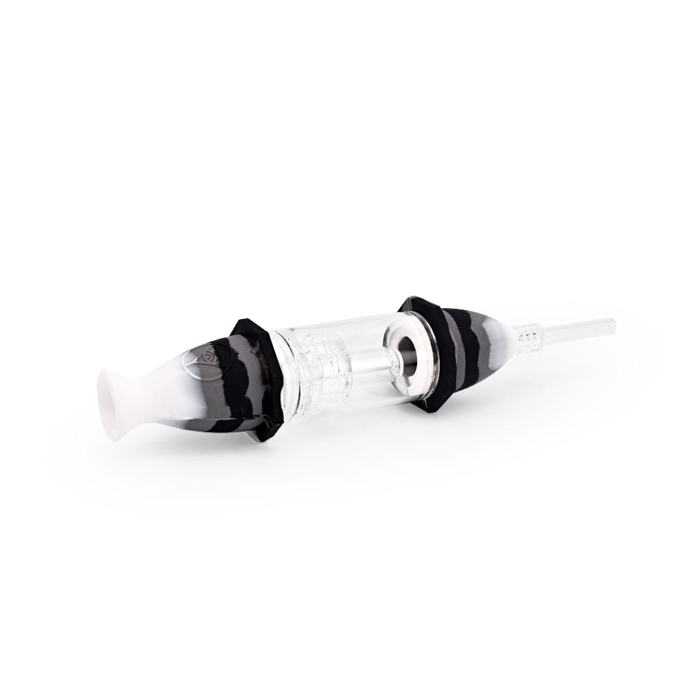 A side view of the 7'' Silicone Deluxe Nectar Collector in black and white marble, showing its curved tip and sleek design.