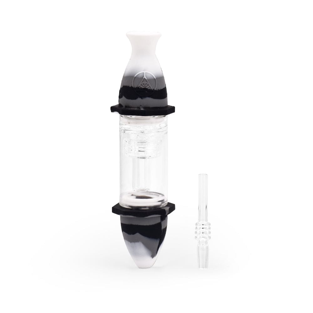 A studio shot of the 7'' Silicone Deluxe Nectar Collector in black and white marble, angled to showcase its streamlined shape.