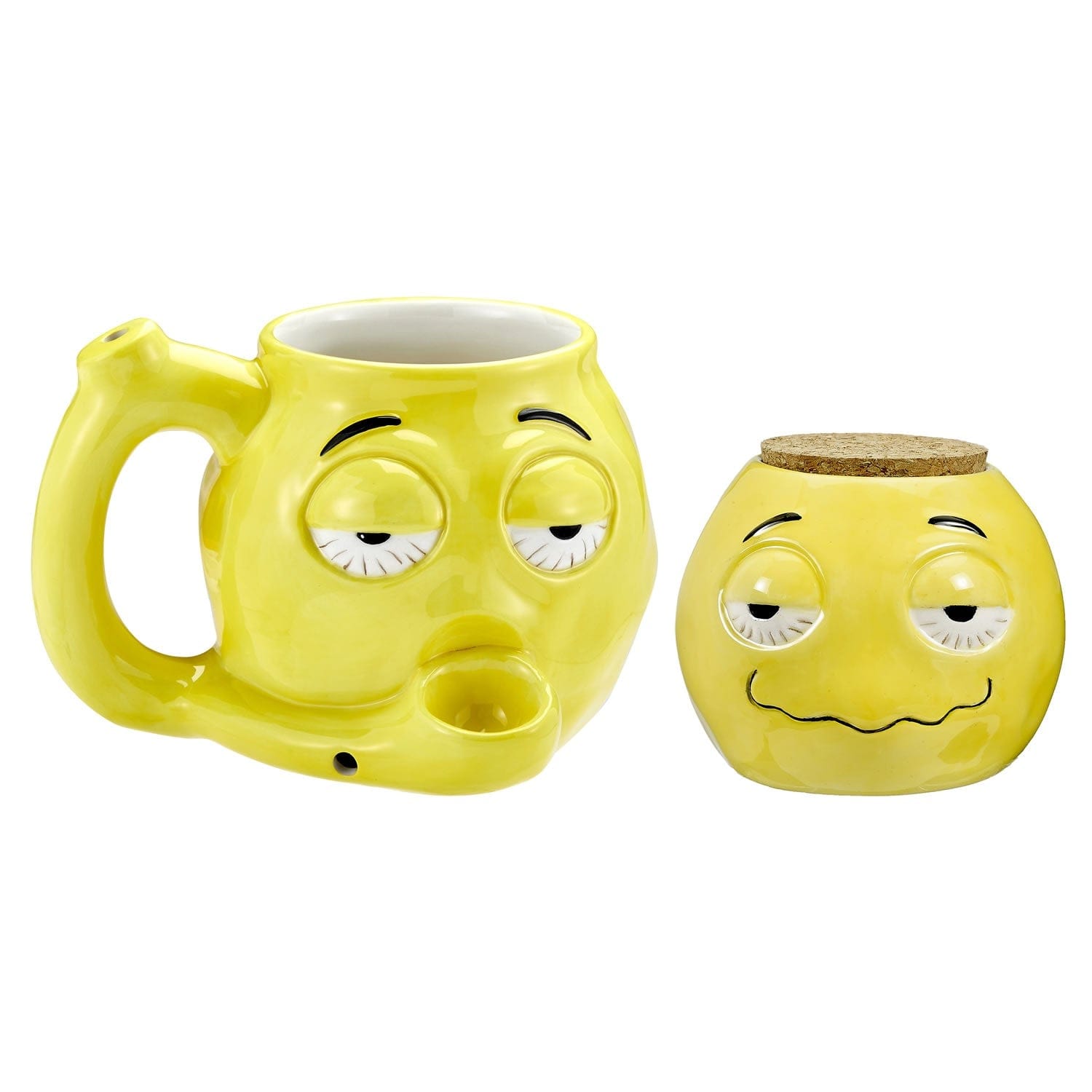 A bright, front view of the Stoned Emoji Pipe Mug & Stash Jar Bundle, featuring a smiling ceramic mug and matching jar.