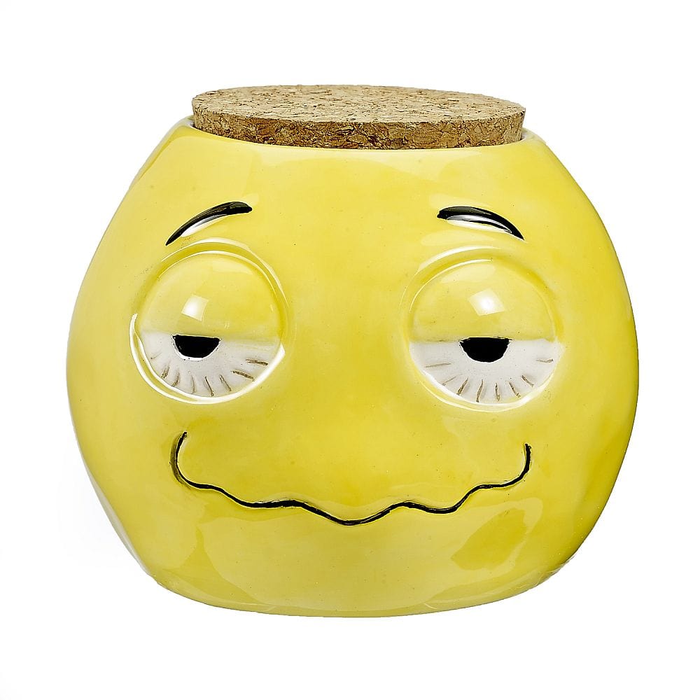 Front view of the Stoned Emoji Pipe Mug & Stash Jar Bundle, showing a ceramic mug with a smiling emoji face.