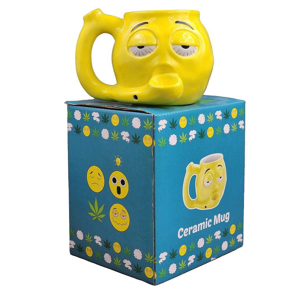 Front view of the Stoned Emoji Pipe Mug & Stash Jar Bundle, showing a ceramic mug with an emoji face.