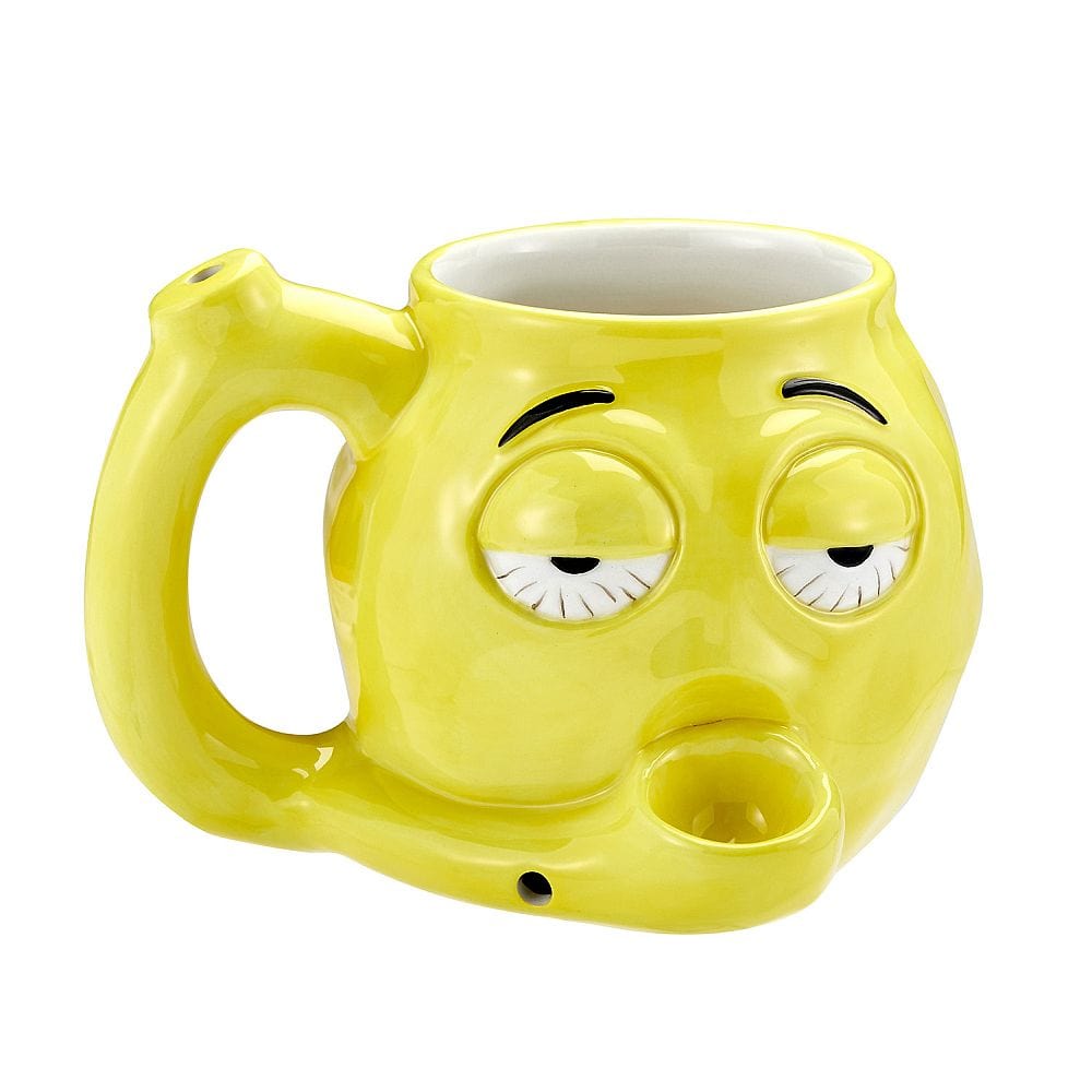 A side view of the Stoned Emoji Pipe Mug & Stash Jar Bundle, shaped like a yellow smiling face with a pipe mouthpiece.