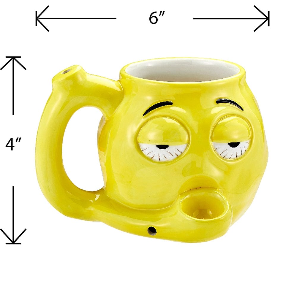 Front view of the Stoned Emoji Pipe Mug & Stash Jar Bundle, showing a yellow ceramic mug shaped like an emoji face.
