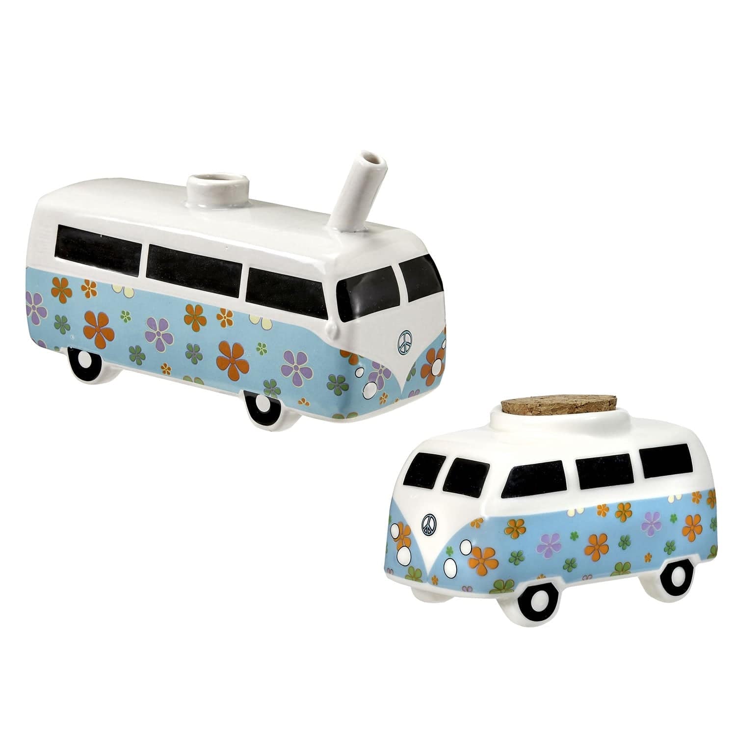 Front view of the Vintage Bus and Stash Jar, a ceramic jar shaped like a colorful van with floral details.