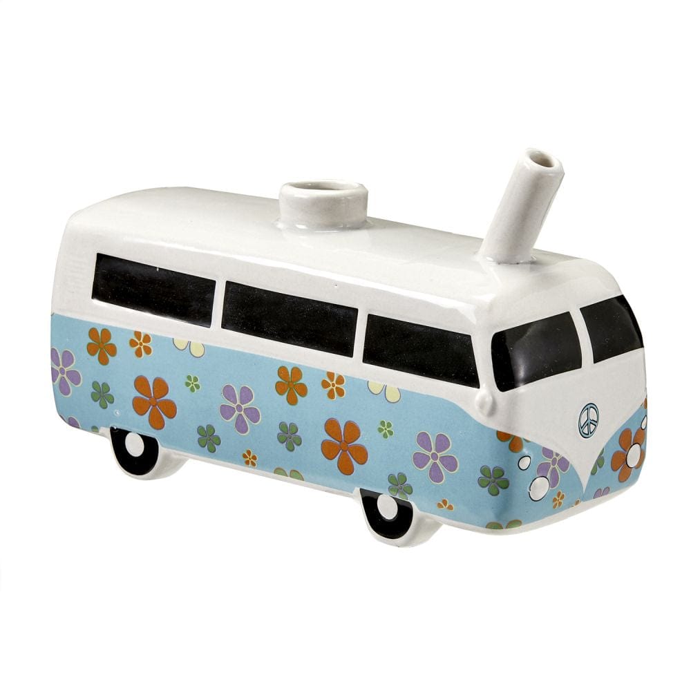 A side view of the Vintage Bus and Stash Jar, a ceramic container shaped like a colorful vintage van.