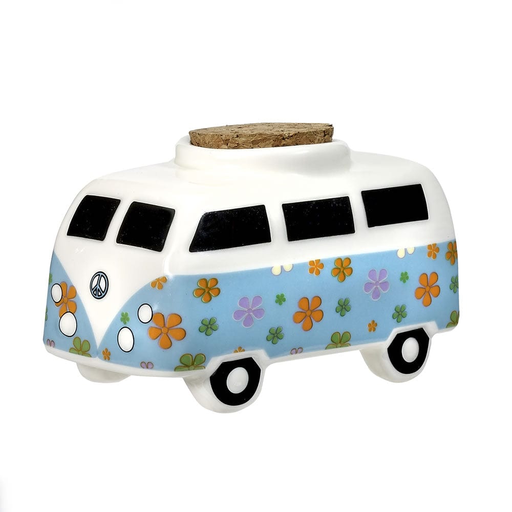 Front view of the Vintage Bus and Stash Jar, a colorful ceramic jar shaped like a classic VW bus with floral details.