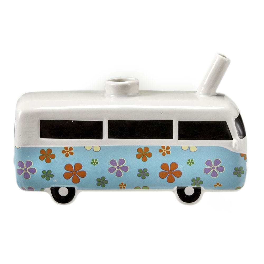Front view of the Vintage Bus and Stash Jar, a detailed ceramic bus with a rounded front and dark wheels.