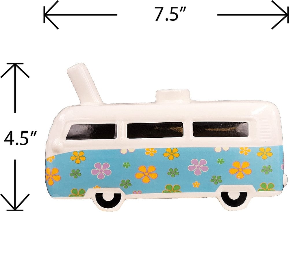 Front view of the Vintage Bus and Stash Jar, a detailed ceramic jar shaped like a colorful, retro-style bus.